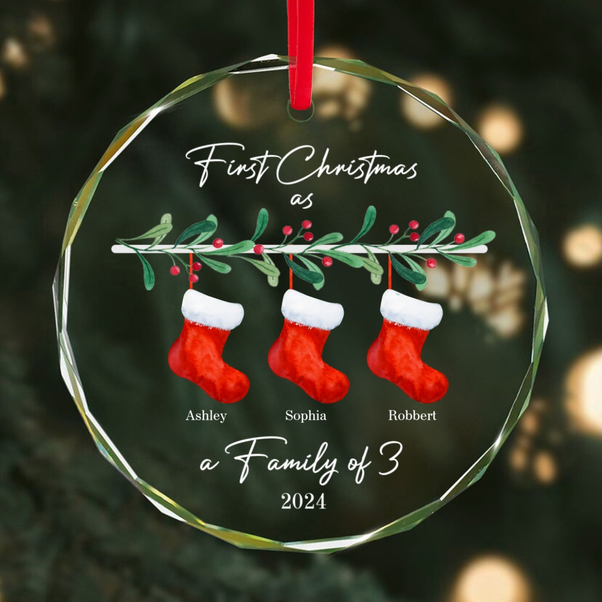 First Christmas As Family Of 3 Personalized Glass Ornament, Baby New Born, Christmas Gift For New Mom, New Dad