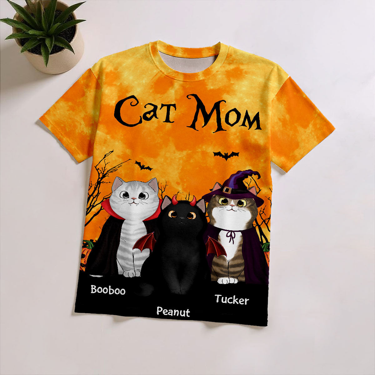 Cat Mom Halloween Moon Light Bat Tree - Personalized 3D Shirt