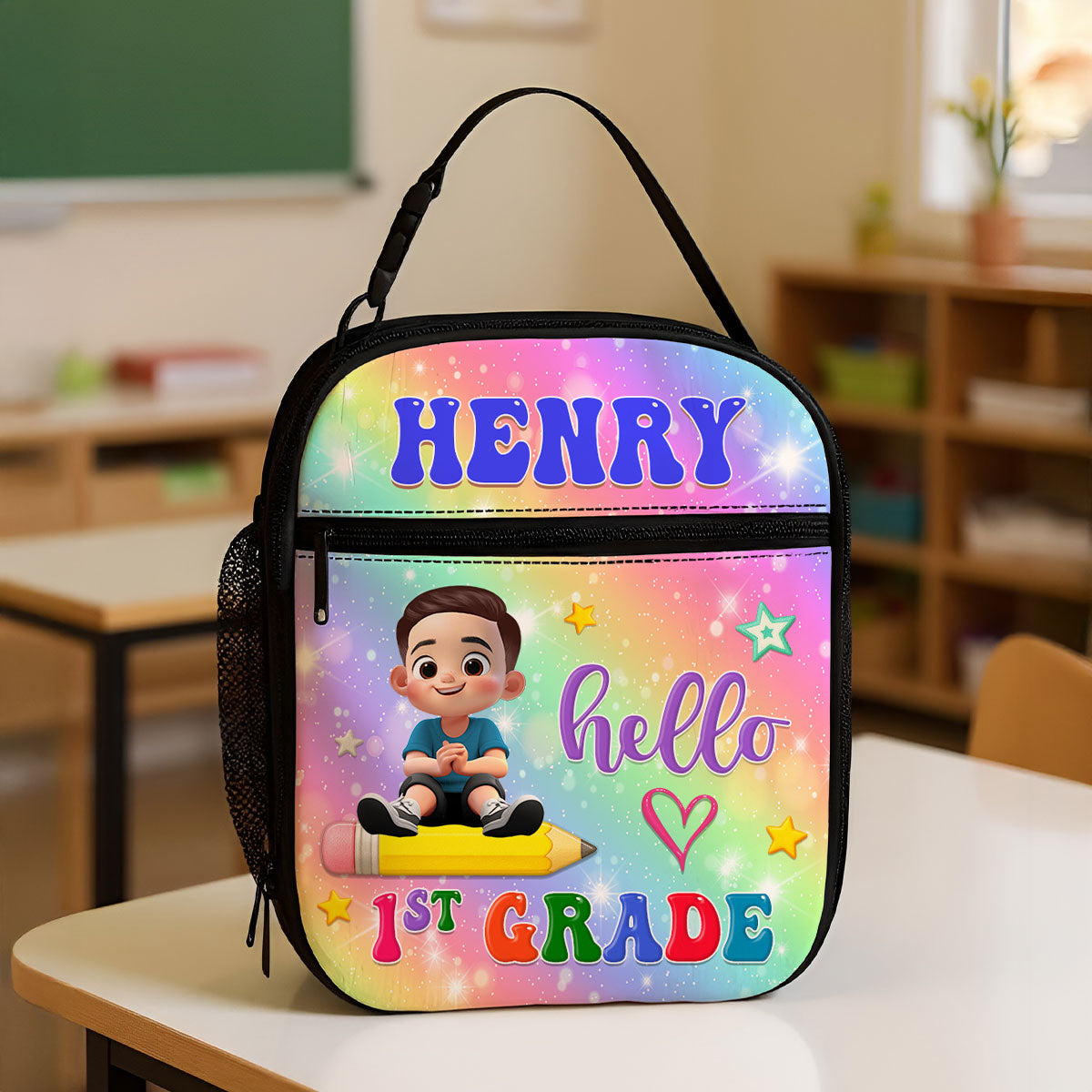 Kid Sitting On Pencil Personalized Insulated Kid Lunch Bag, Back To School gift
