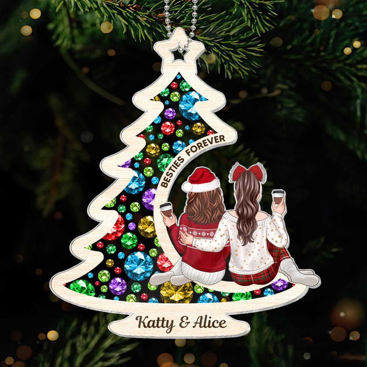 Sisters On Christmas Tree Gemstones Effect Personalized Acrylic Ornament, Christmas Gift for Sisters, Siblings, Besties