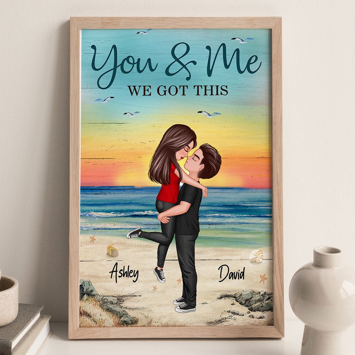 Couple Hugging Kissing At Beach Personalized Vertical Poster