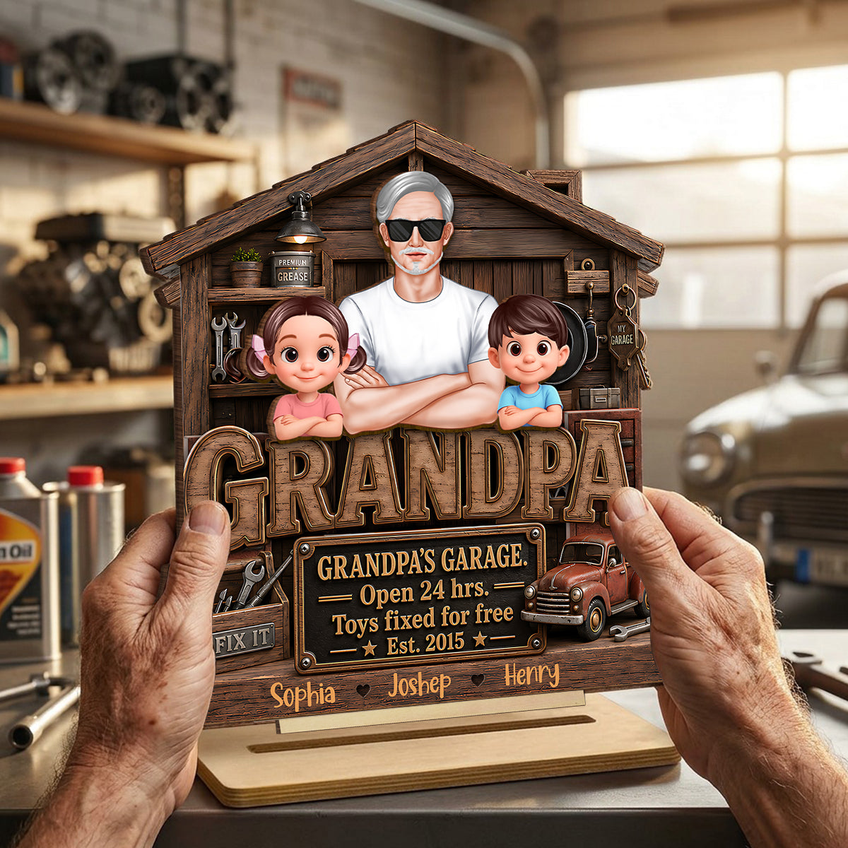 Grandpa's Garage - Personalized 2-Layered Wooden Plaque - Father's Day Gift for Dad, Grandpa, Husband