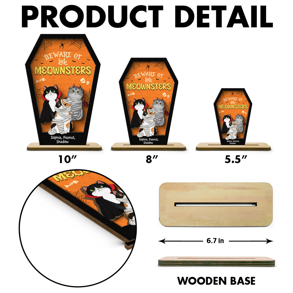 Beware Of Little Meownsters Coffin Shaped Personalized 2 Layer Standing Wooden Plaque, Halloween Tiered Tray Decor
