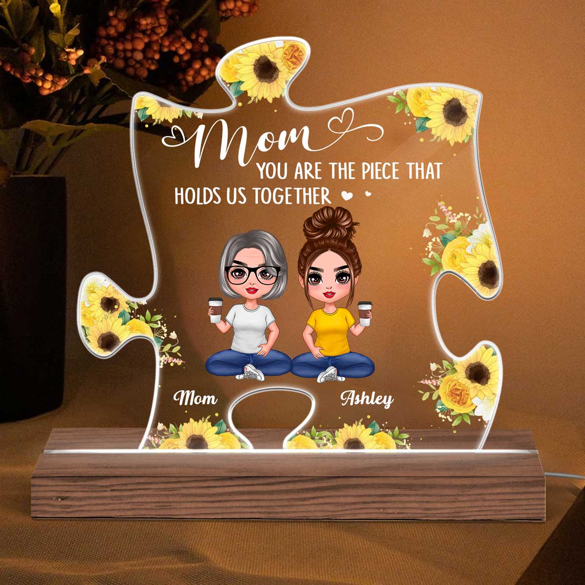 Doll Mom And Daughters Sons Sitting You Are The Piece Holds Us Together Personalized Custom Shape Acrylic Plaque LED Night Light