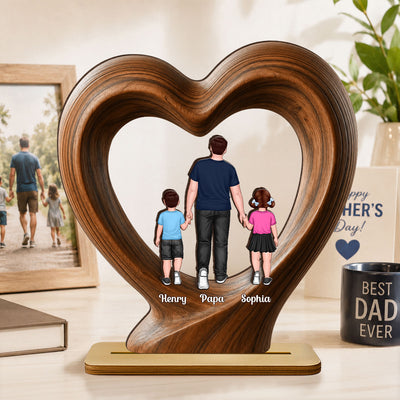 Dad Grandpa Walking With Children - Personalized 2-Layered Wooden Plaque - Father's Day Gift for Husband