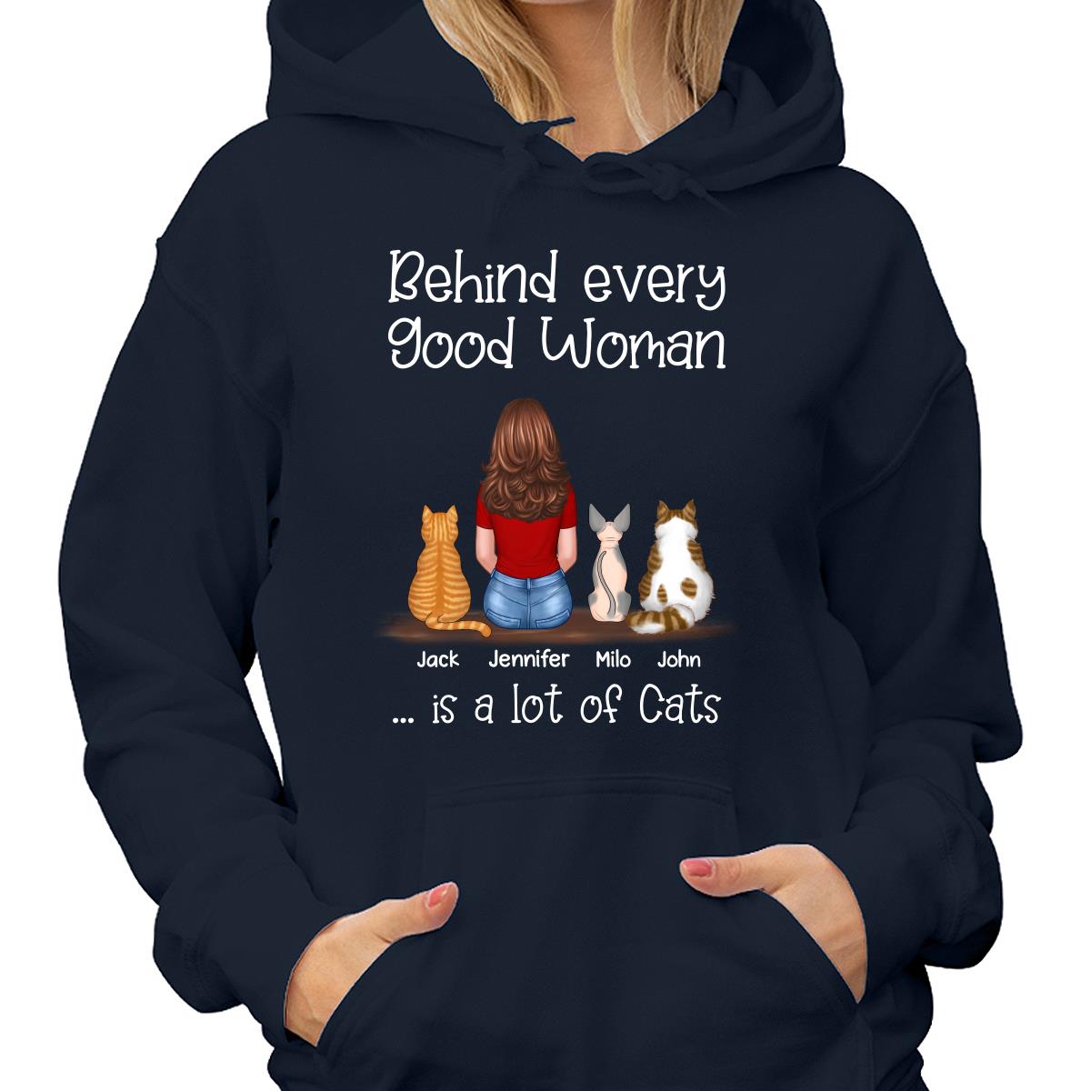 Behind Good Woman Is Cats Back View Sitting Woman & Cat Personalized Shirt