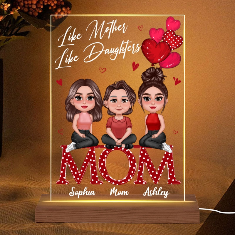 Pretty Doll Mother Daughter Sitting On Text Red Hearts Personalized Acrylic LED Night Light