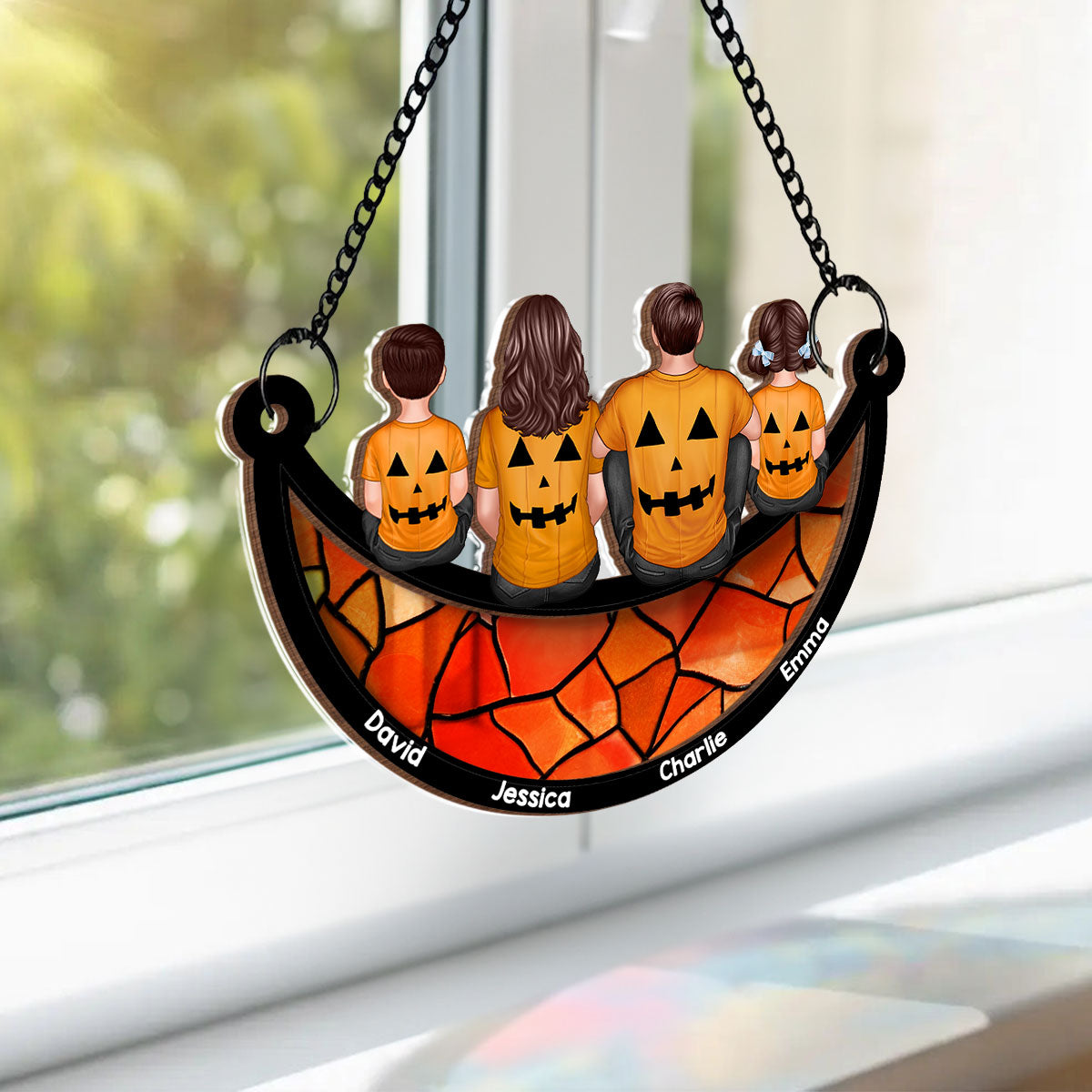 Halloween Family On Moon Personalized Suncatcher, Halloween Decoration