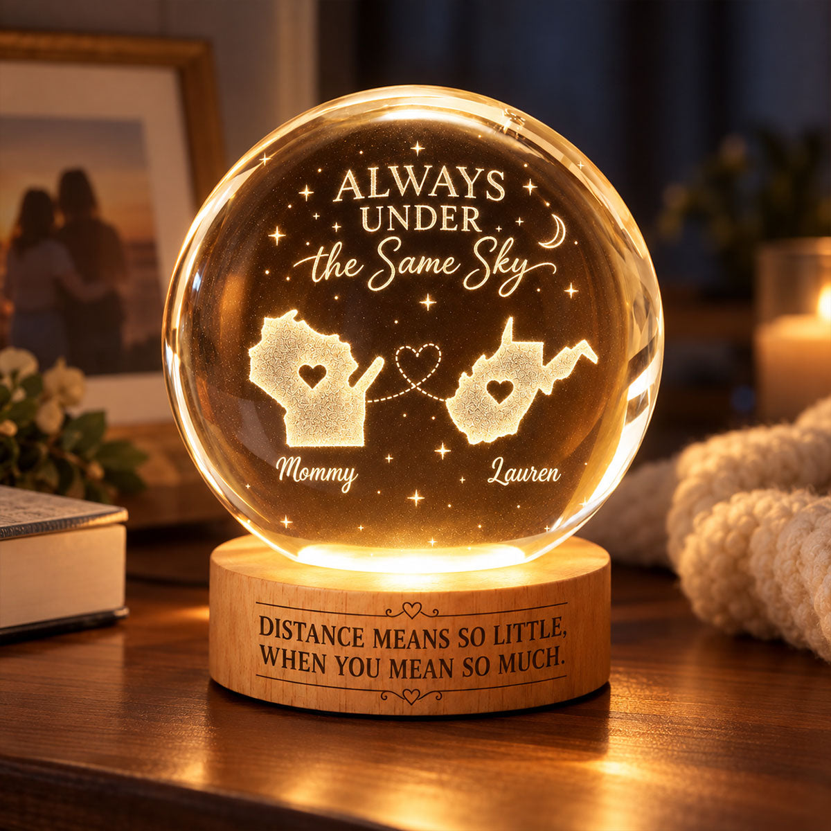 Long Distance Family Custom State Map - Personalized Crystal Ball LED Night Light - Togetherness Christmas Gift for Family
