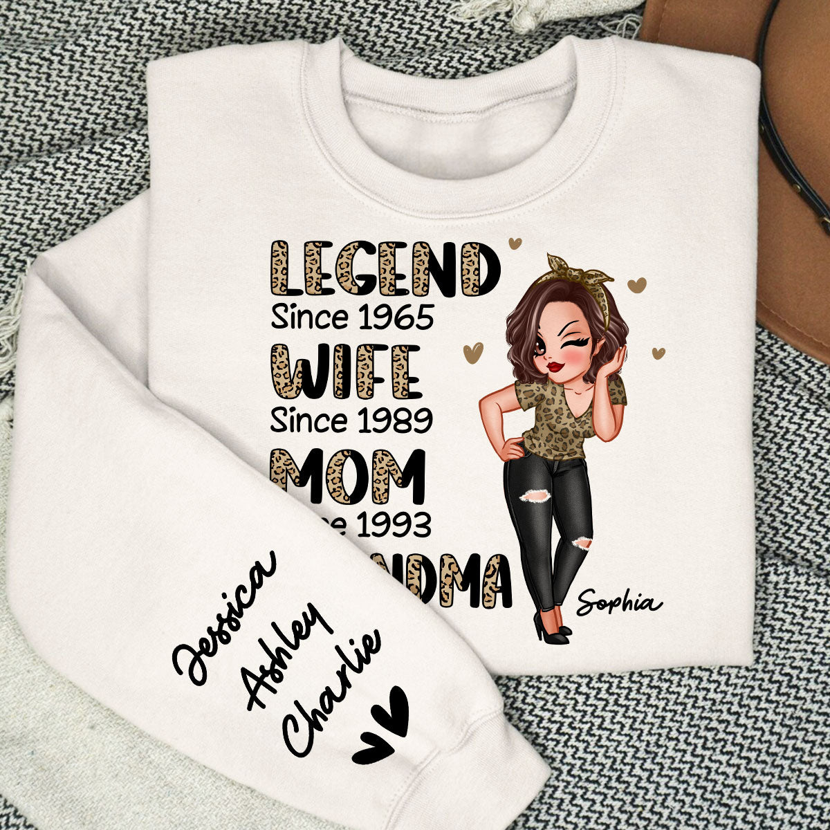 Half Leopard Sassy Legend Wife Mom Grandma Personalized Sleeve Printed Sweatshirt