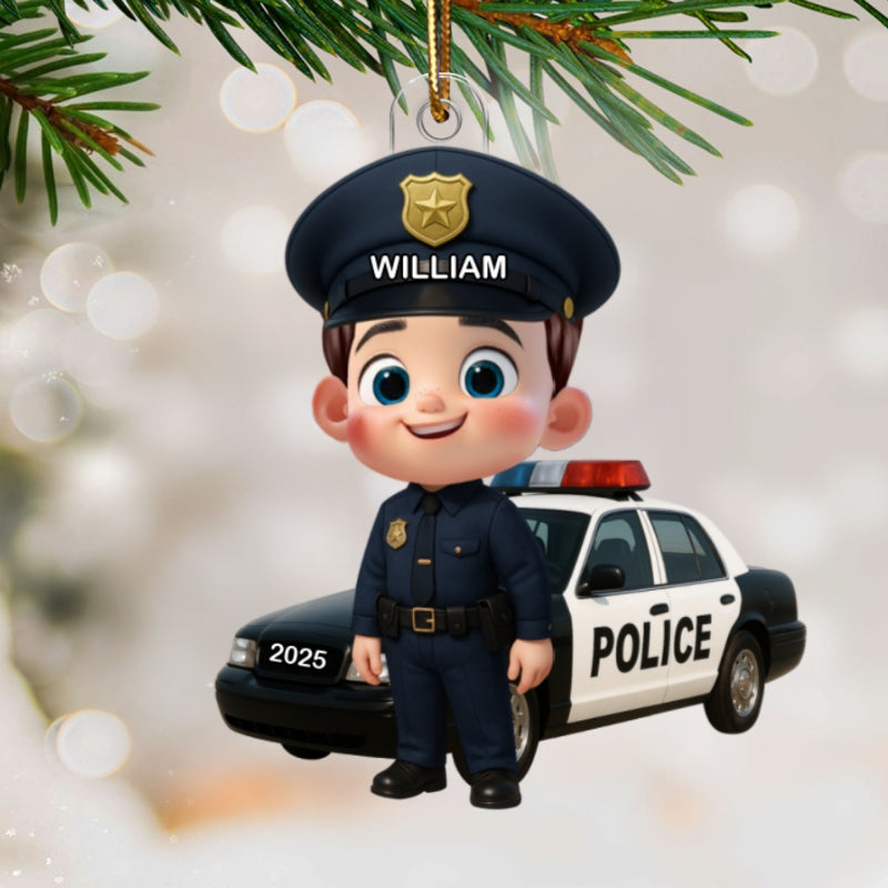 3D Effect Little Kid Boy Dream Job Police Christmas Personalized Acrylic Ornament