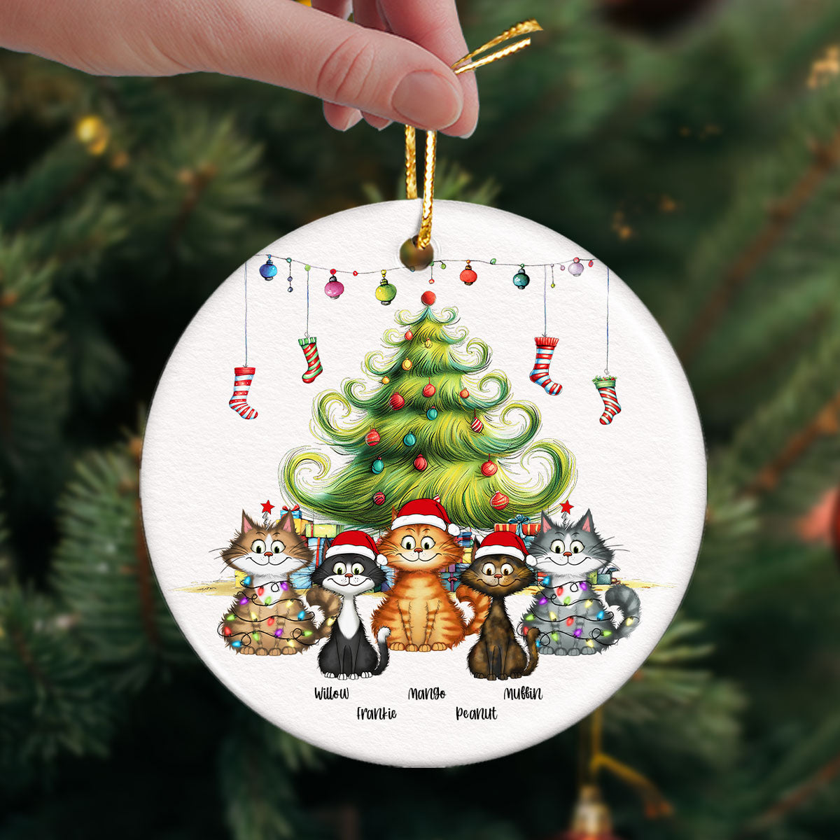 Quirky Christmas Tree Cats Whimsical Personalized Circle Ceramic Ornament