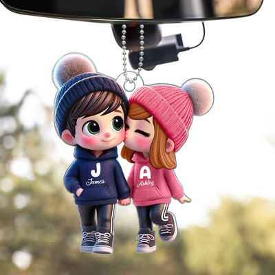 3D Effect Cute Cartoon Couple Walking - Personalized Acrylic Car Hanger - Unique Valentine's Day Gift For Him, Gift For Her