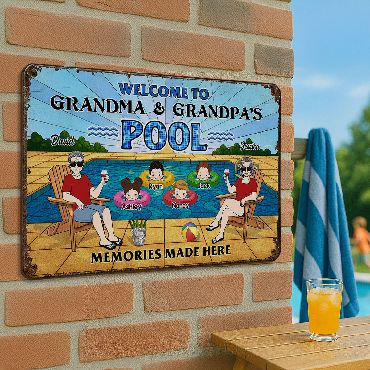 Summer Welcome To Grandpa Grandma Grandparents Pool Personalized Metal Sign| Summer Outdoor Decoration