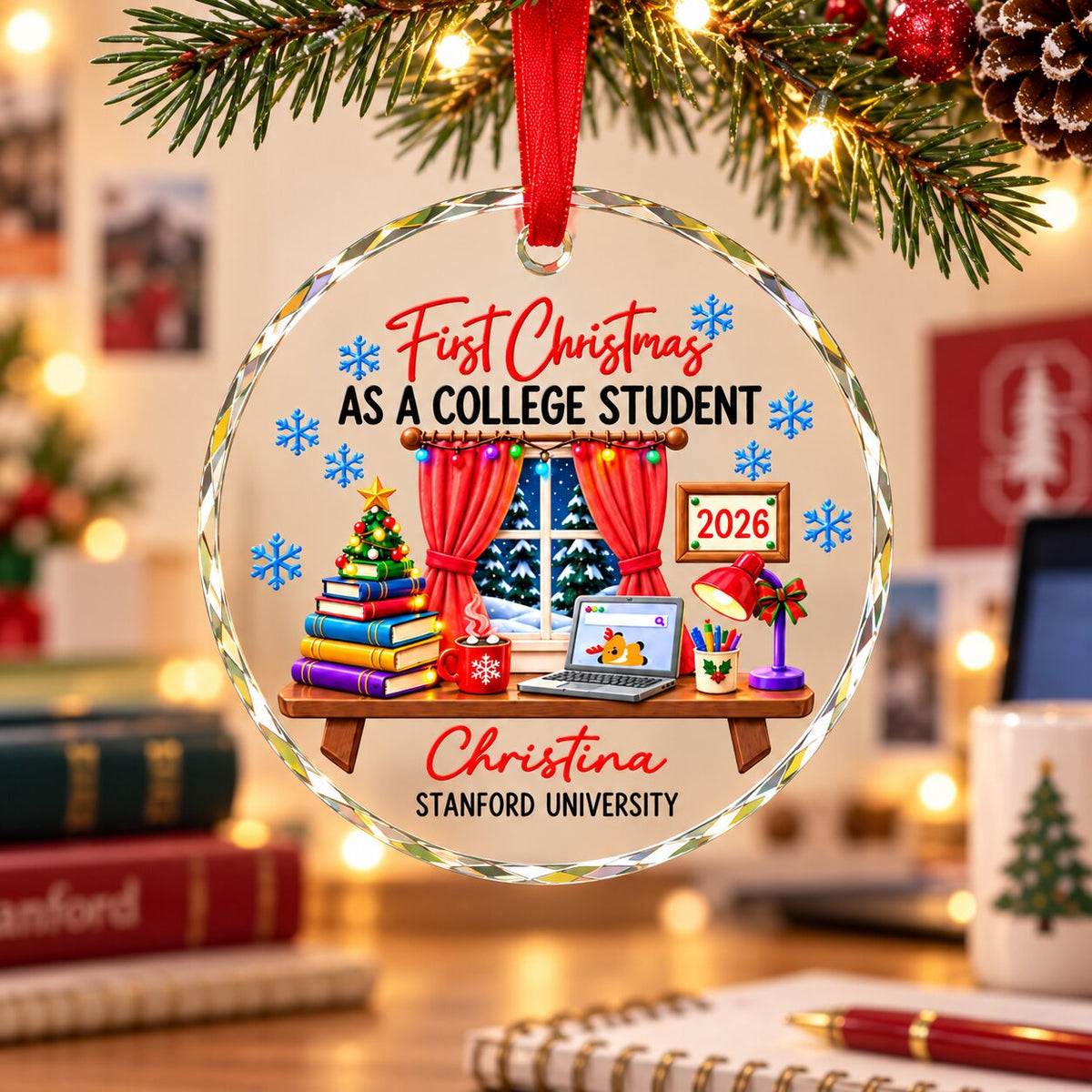 College Student With Desk Design - Personalized Glass Ornament - Christmas Gift For New Student, Boy, Girl