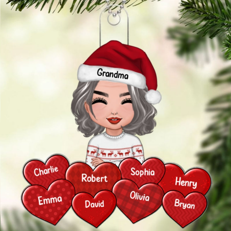 Doll Grandma Crossed Arms Grandkids Names In Hearts Christmas Gift Personalized Acrylic Ornament