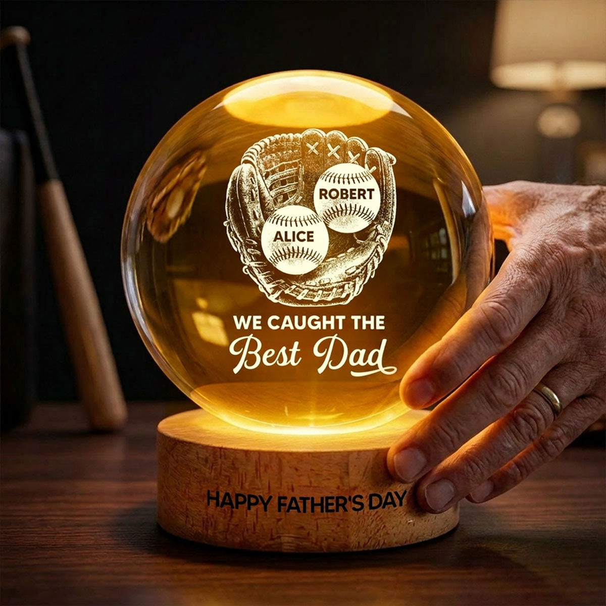 Baseball In Baseball Glove We Caught The Best Dad - Personalized Crystal Ball LED Night Light -  Gift For Baseball Dad