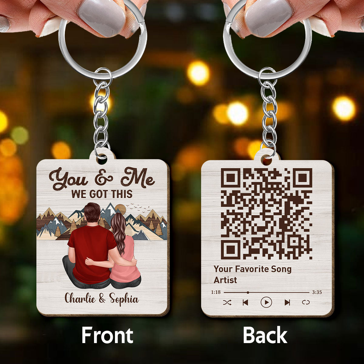 Back View Couple Sitting Hugging Favorite Song QR Code Mountain Layer Effect Personalized Wooden Keychain