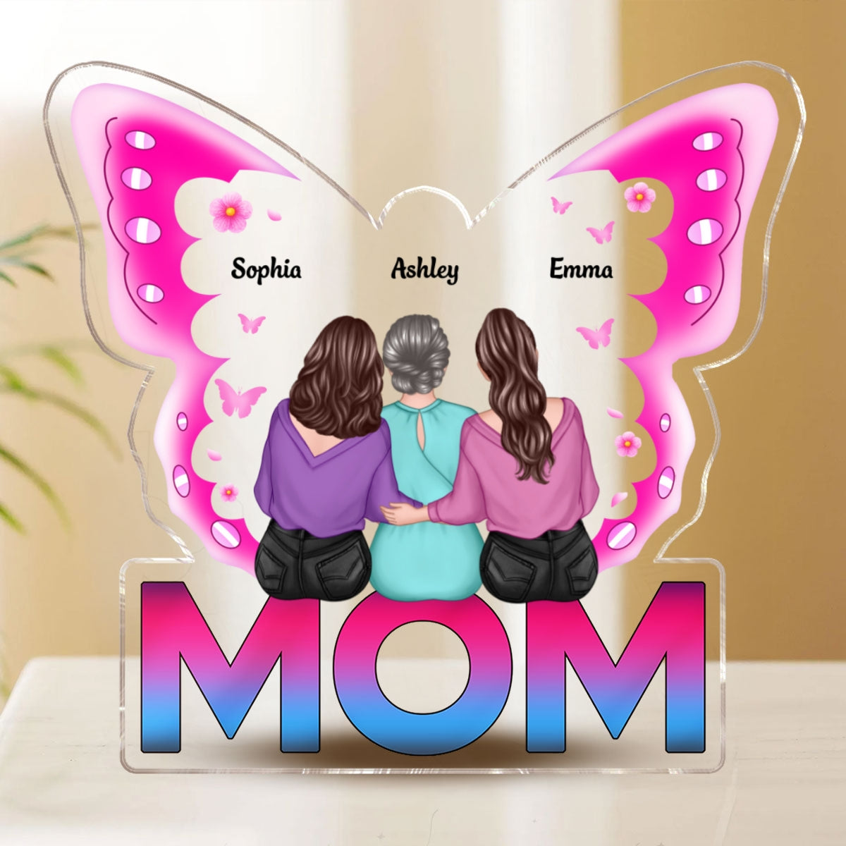 MOM Butterfly Sitting Back View Personalized Acrylic Block, Gift for Mom