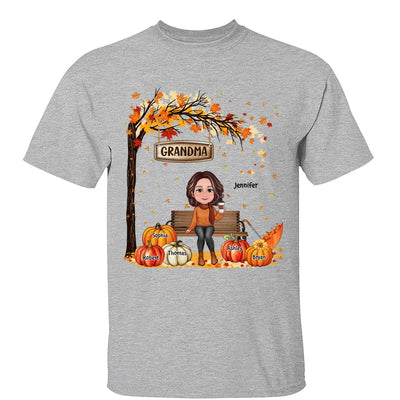 Grandma Mom Sitting On Bench Under Tree Fall Season Personalized Shirt