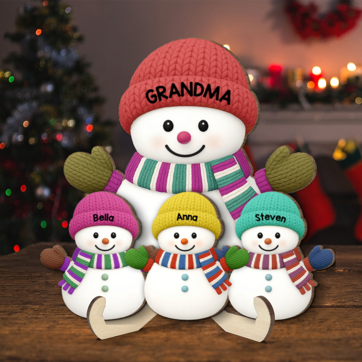 Christmas Grandma Grandkids Snowman Together - Personalized 2-Layered Wooden Plaque - Gift For Grandmas