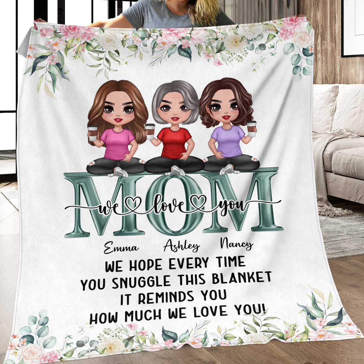 Mom We Love You Doll Mother & Children Snuggle This Blanket Personalized Fleece Blanket