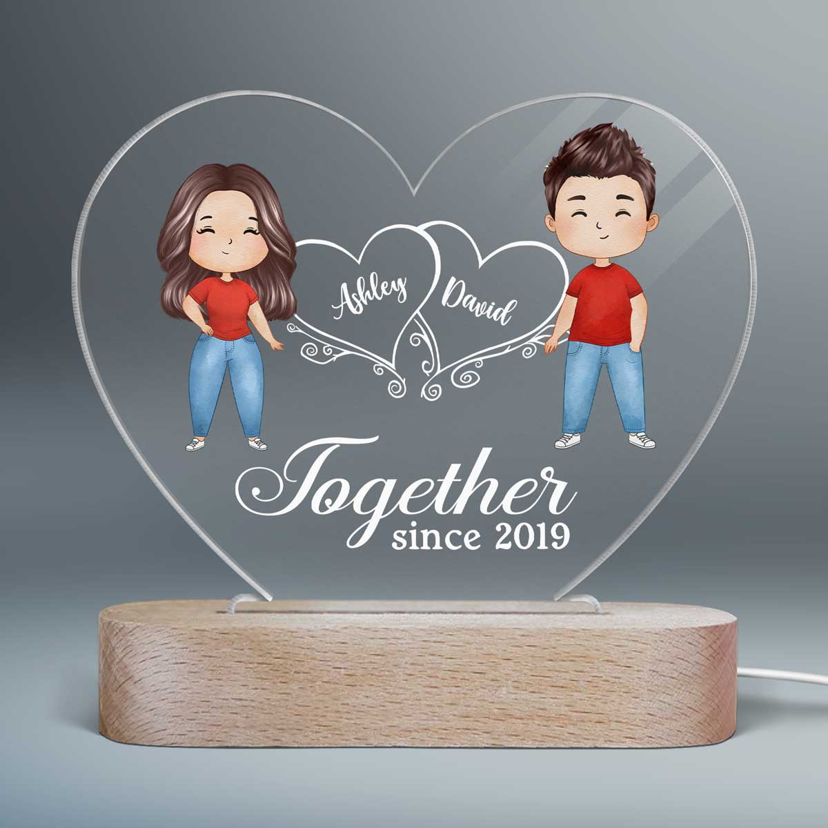 Hearts Watercolor Couple Standing Gift For Him Gift For Her Personalized Acrylic Heart Plaque LED Lamp Night Light