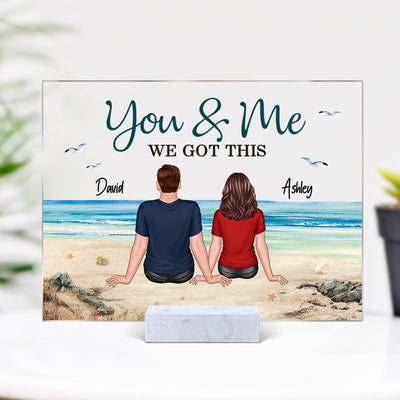 Back View Couple Sitting Holding Hands Beach Landscape Personalized Acrylic Plaque