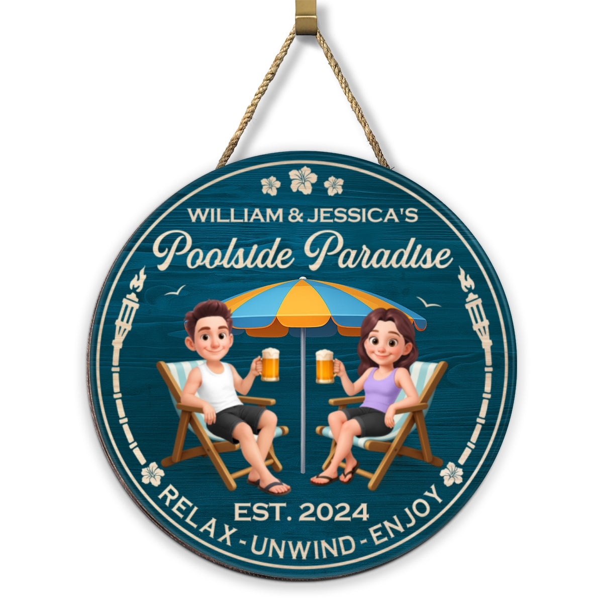Couple Blue Ocean Poolside Paradise Personalized Wood Sign