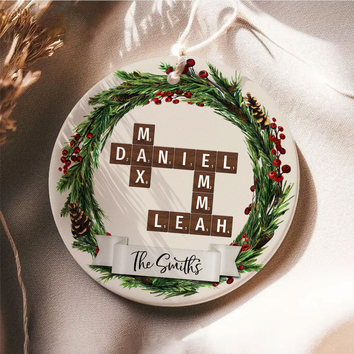 Family Wreath Crossword Puzzle Personalized Ceramic Ornament, Christmas Tree Decor, Christmas Gift for Husband, Wife, Children
