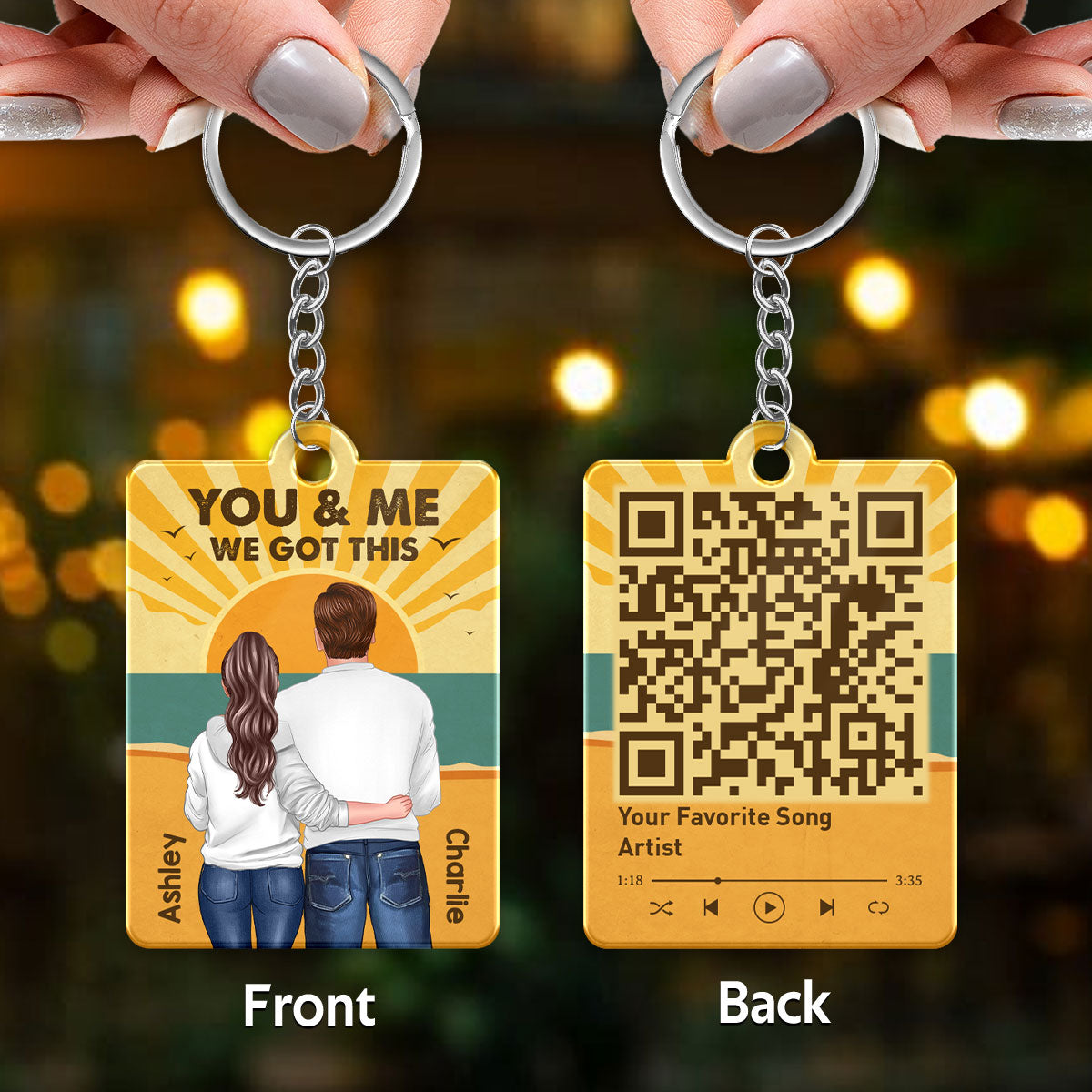 Retro Beach Couple Back View Favorite Song QR Code Personalized Acrylic Keychain