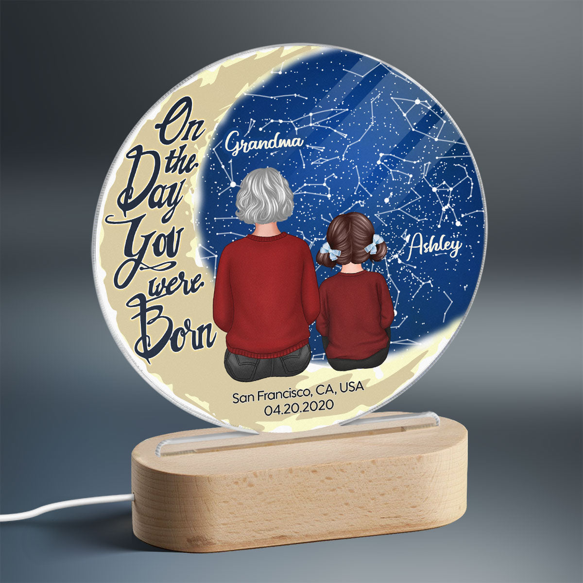 Grandma Grandkid Sitting On Moon Stargazing Star Map Personalized Circle LED Night Light