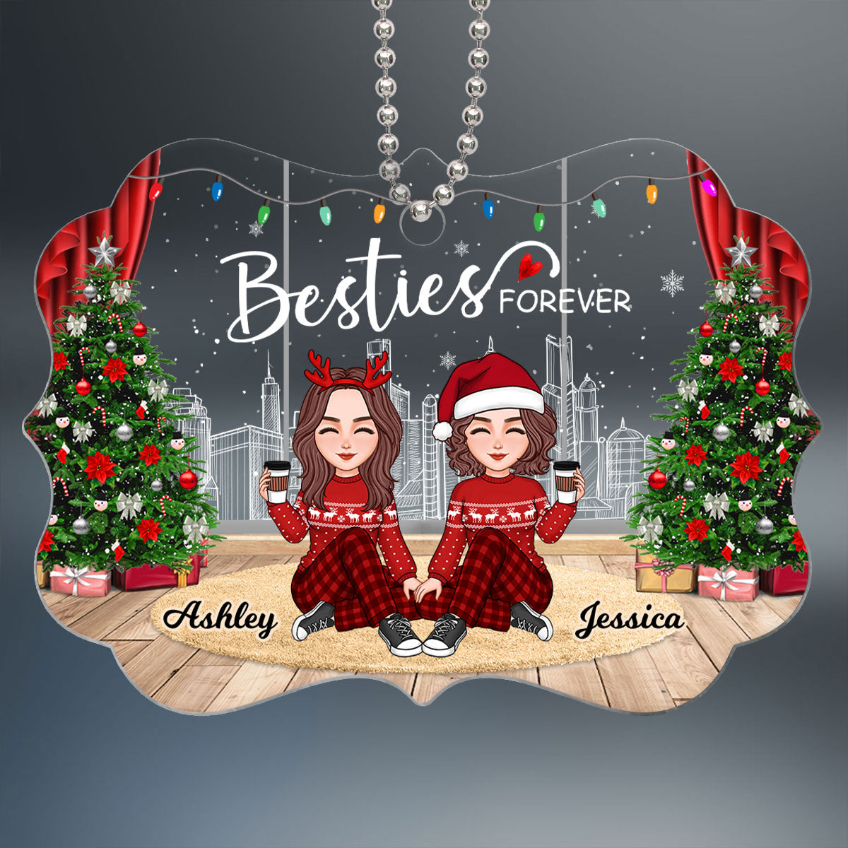Cute Besties Sisters Christmas Window City Skyline Personalized Acrylic Ornament