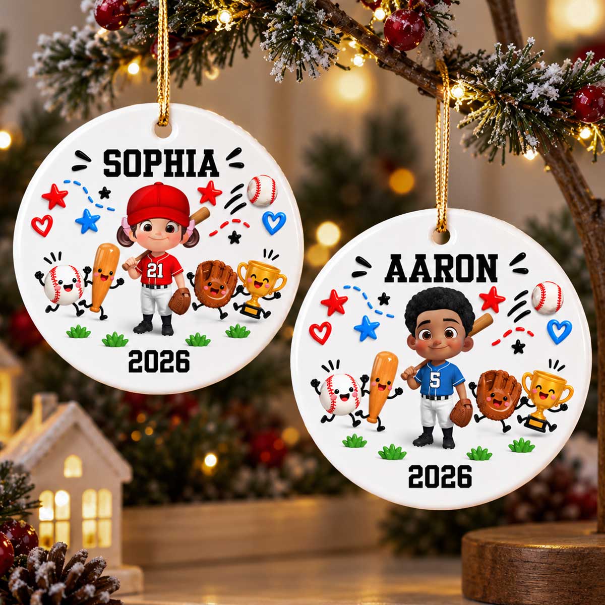 Cute Things Baseball Player 2D Flat Printed- Personalized Ceramic Ornament - Christmas Gift For Son, Grandson, Daughter, Granddaughter