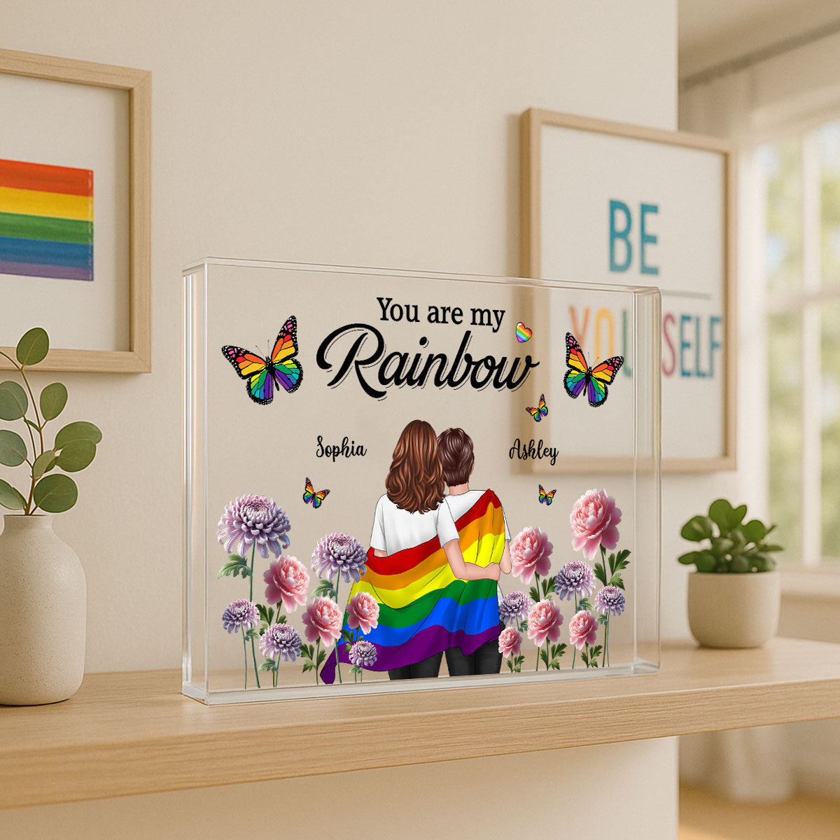 Pride Month LGBT Couple Birth Month Flowers Personalized Rectangle Acrylic Block Plaque, Gift For Couple