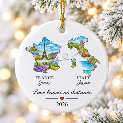 Love Knows No Distance State Map - Personalized Ceramic Ornament - Christmas Gift For Long Distance Couples, Boyfriend, Girlfriend, Husband, Wife