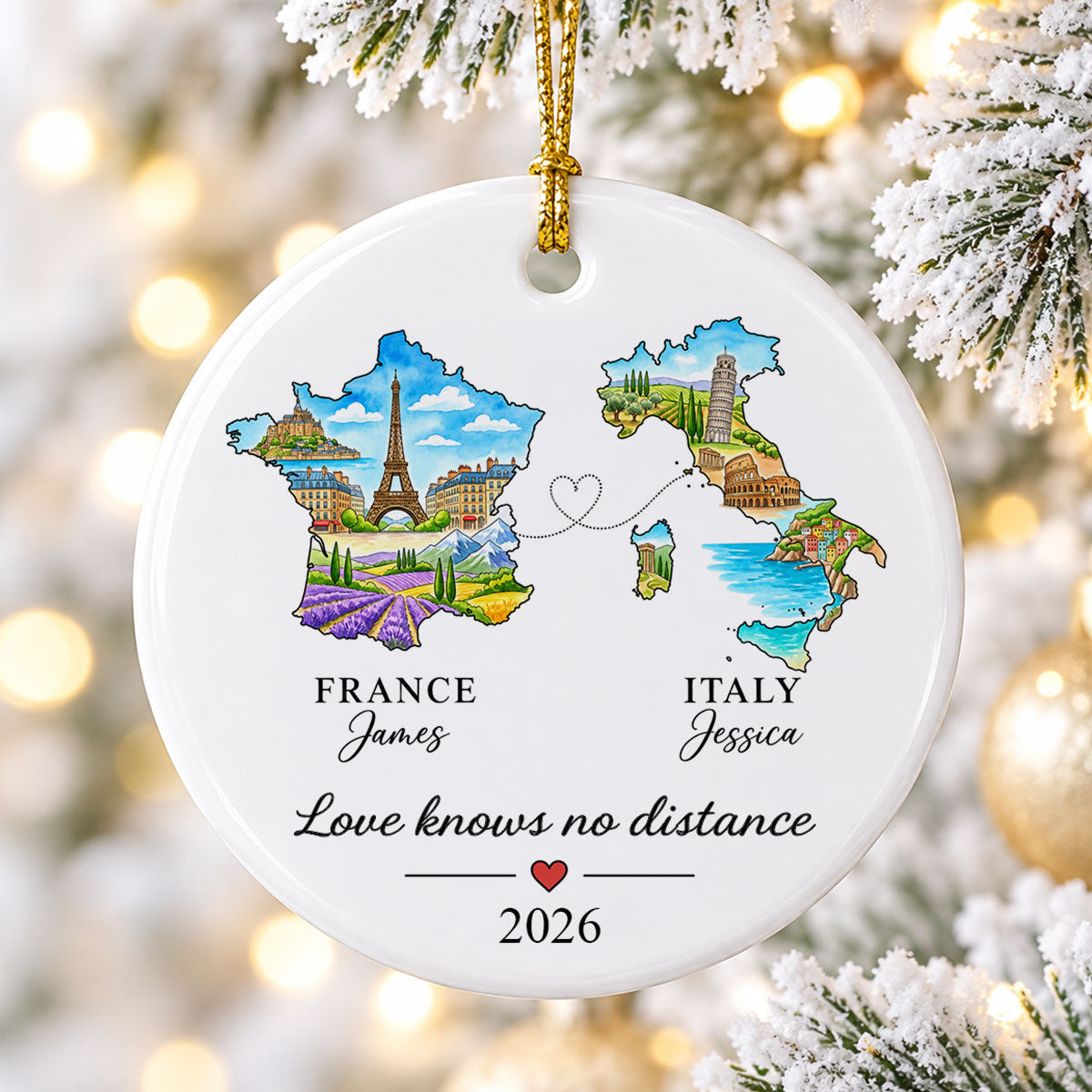 Love Knows No Distance State Map - Personalized Ceramic Ornament - Christmas Gift For Long Distance Couples, Boyfriend, Girlfriend, Husband, Wife