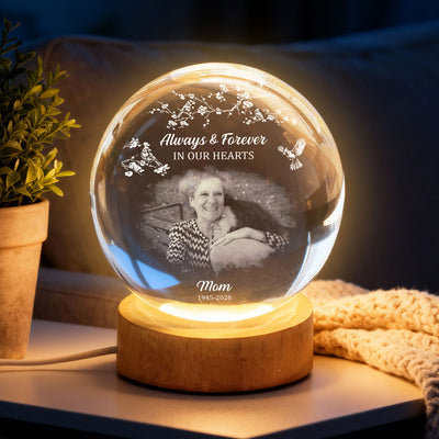 Always and Forever in Our Hearts - Personalized Crystal Ball LED Night Light - Heartfelt Memorial Keepsake, Memorial Gift For Loss Of Father, Mom