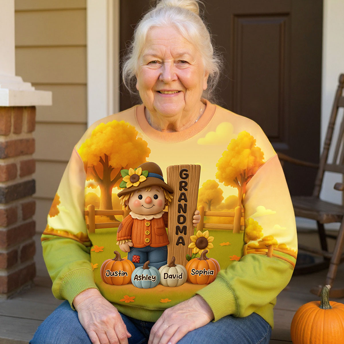 Grandma Scarecrow Standing Grandkids Pumpkins 3D Effect Personalized Sweatshirt