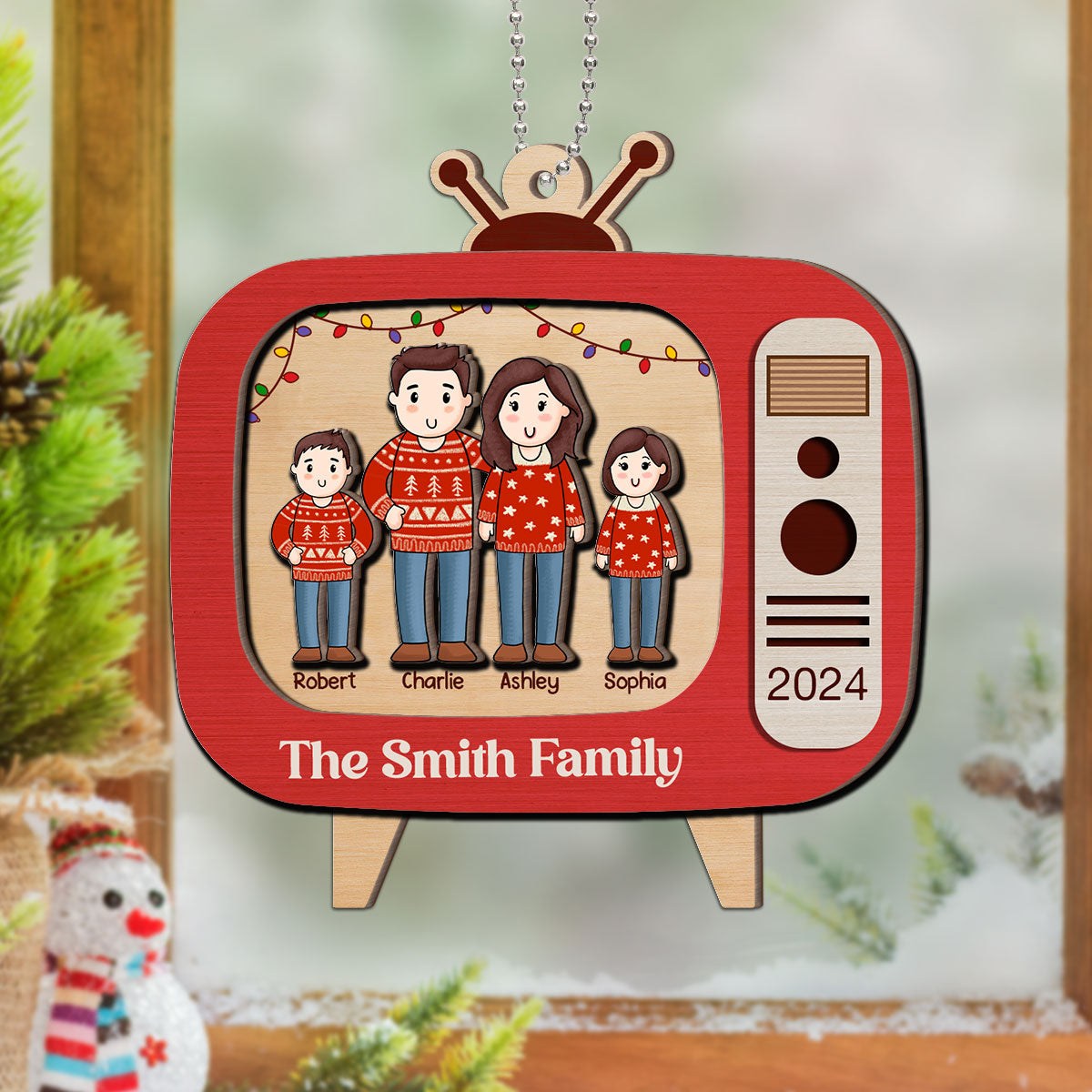 Comic Family In Christmas Red Retro Televison Personalized 2-Layer Wooden Ornament