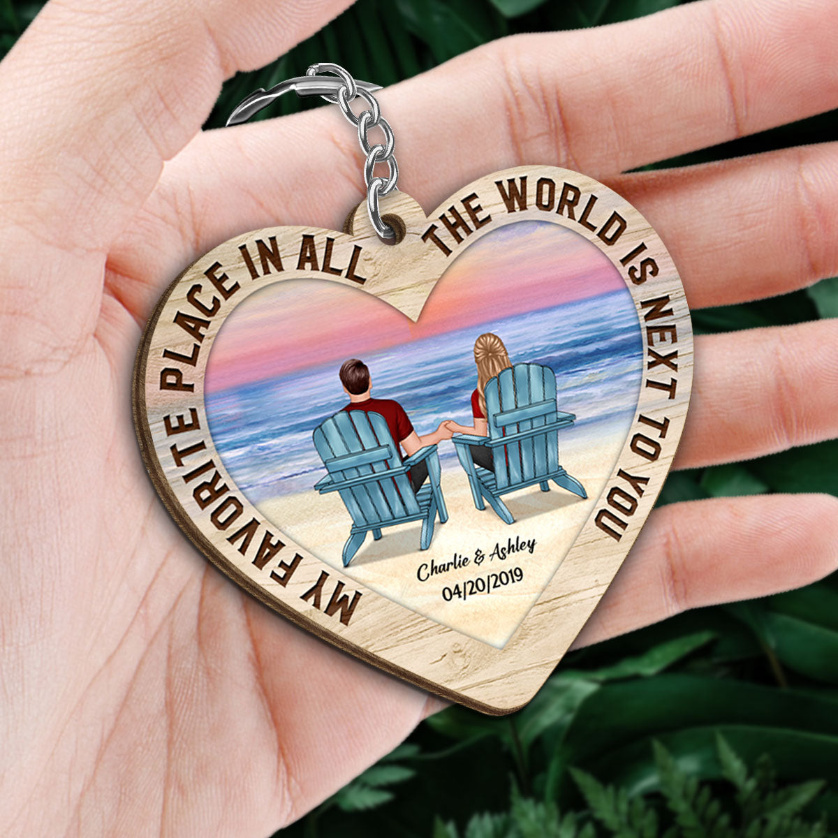 Couple Back View At Beach Favorite Song Scannable QR Code Personalized Heart Shaped Wooden Keychain