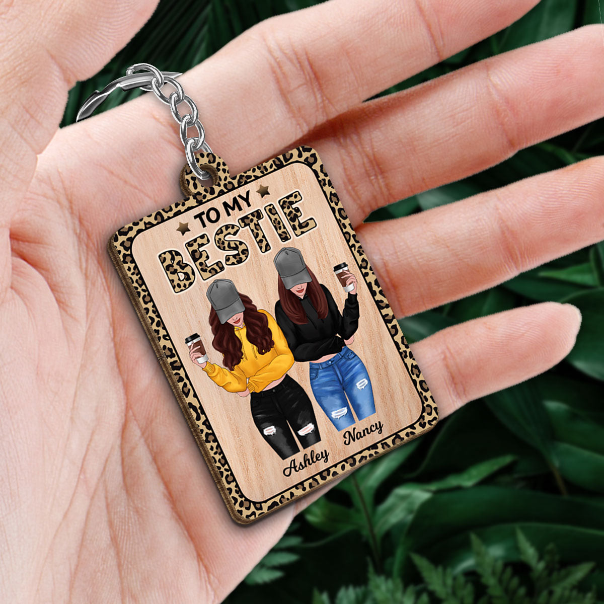 Leopard Front View Besties To My Bestie Personalized Wooden Keychain