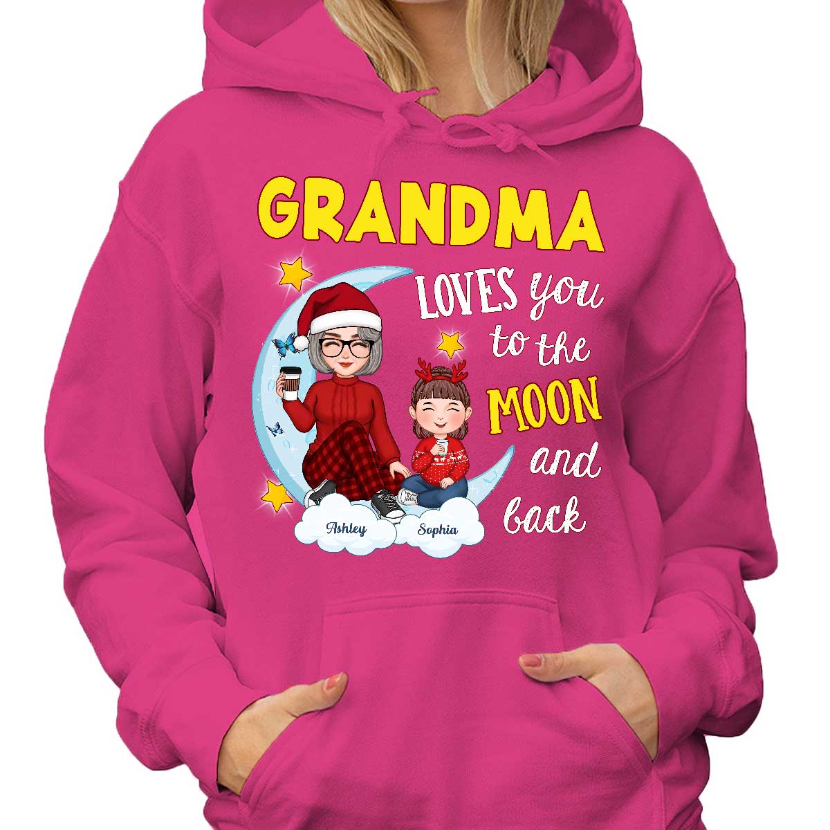 Grandma Loves You To The Moon And Back Cute Grandma Grandkids Personalized Christmas Sweatshirt Hoodie