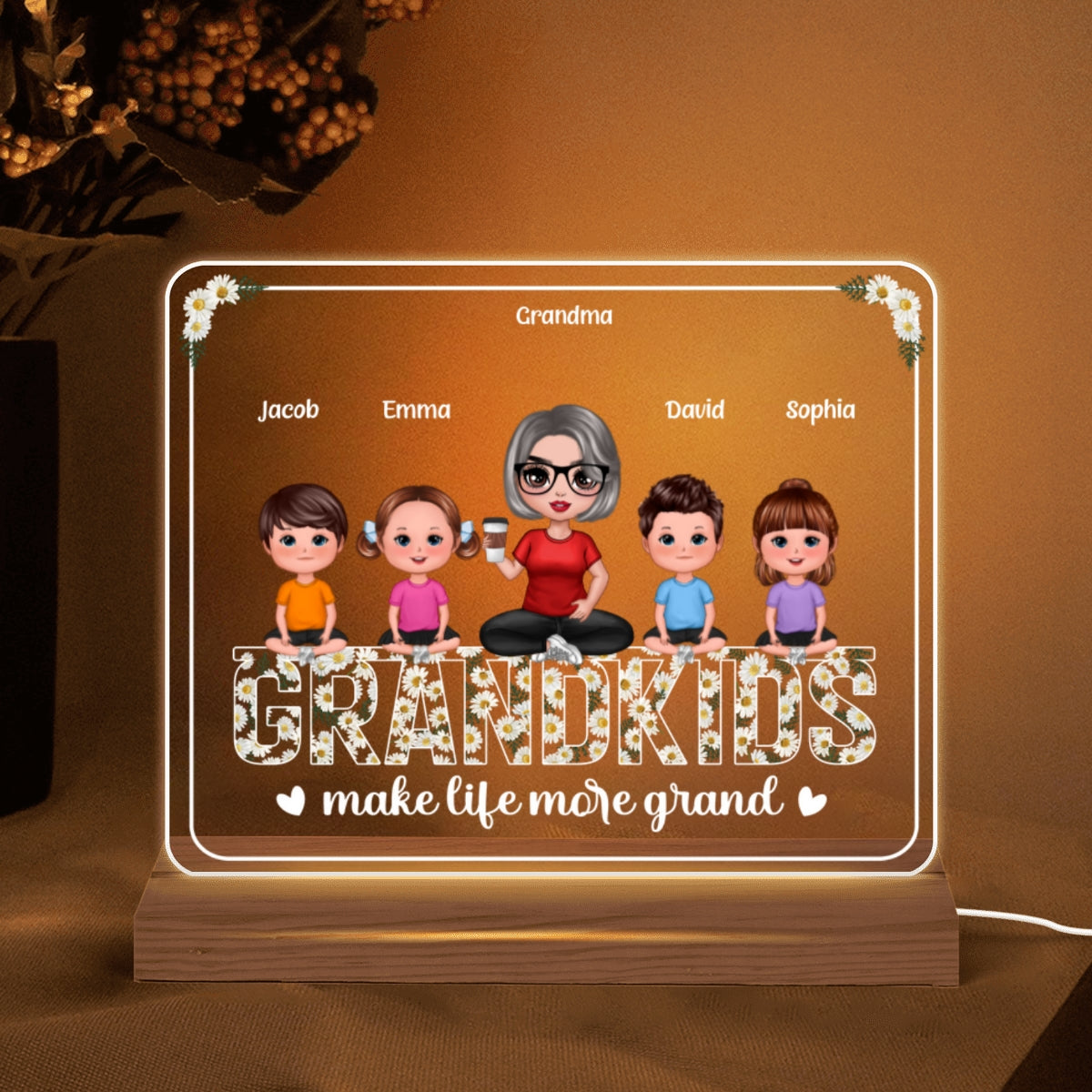 Grandma And Grandkids Sitting On Daisy Flowers Word Personalized Custom Shape Acrylic Plaque LED Night Light