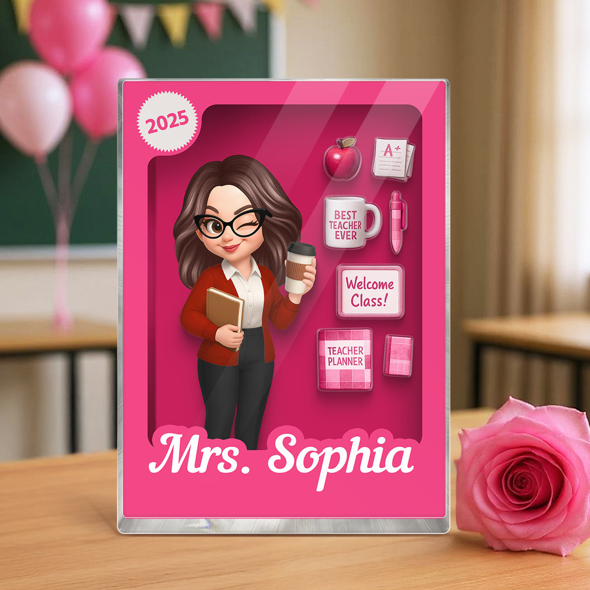 Pretty Teacher 3D Effect Toy Box Action Figure Personalized Acrylic Block, Back To School gift for Teachers