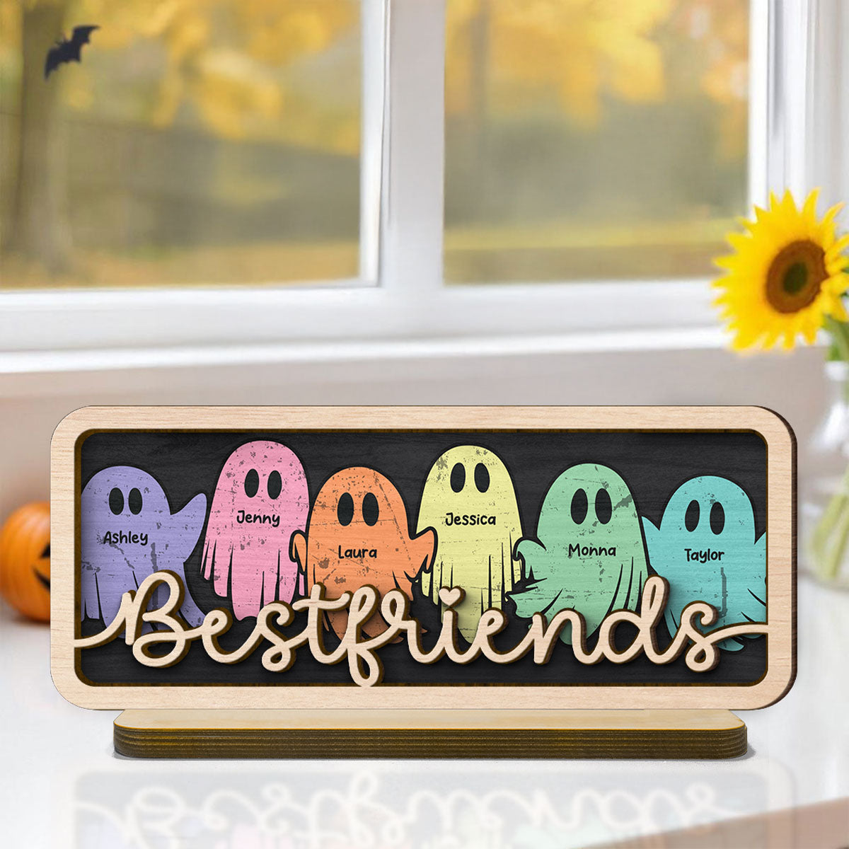 Besties Sister Best Friends Boo Crew Personalized 2-Layer Wooden Plaque, Halloween Gift