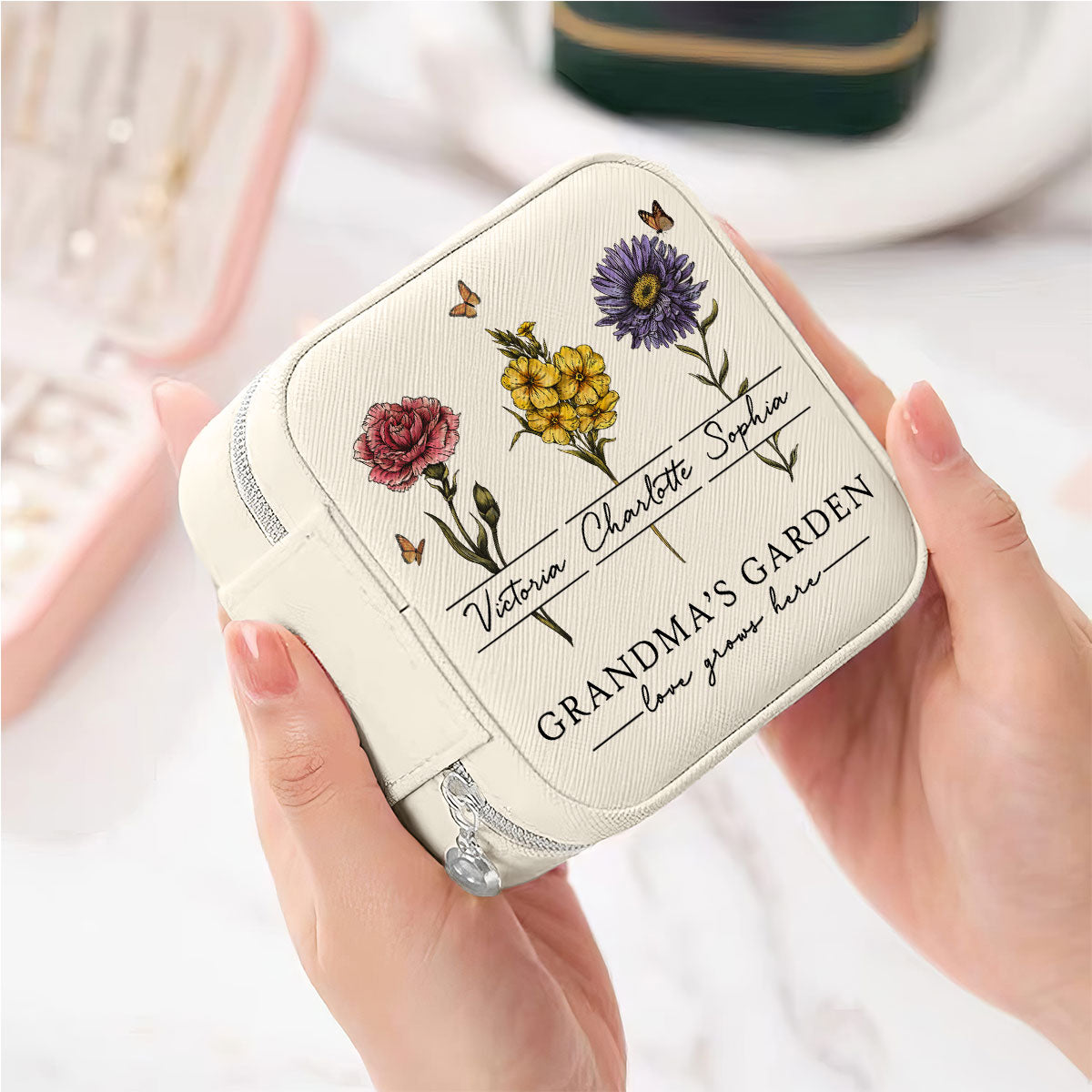 Vintage Grandma's Garden Love Grows Here Beautiful Birth Month Flower Personalized Jewelry Box, Gift For Grandma, Mom