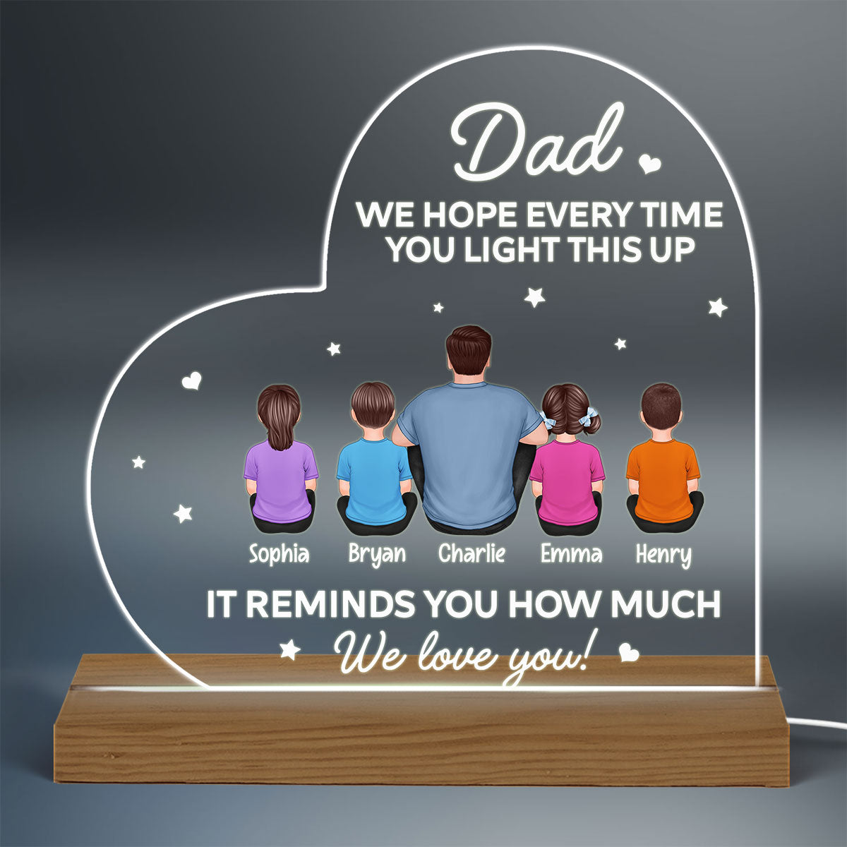 Dad Light This Up We Love You Back View Man Kids Dog Cat Sitting Father‘s Day Gift Personalized Warm Custom Shape Acrylic Plaque LED Night Light