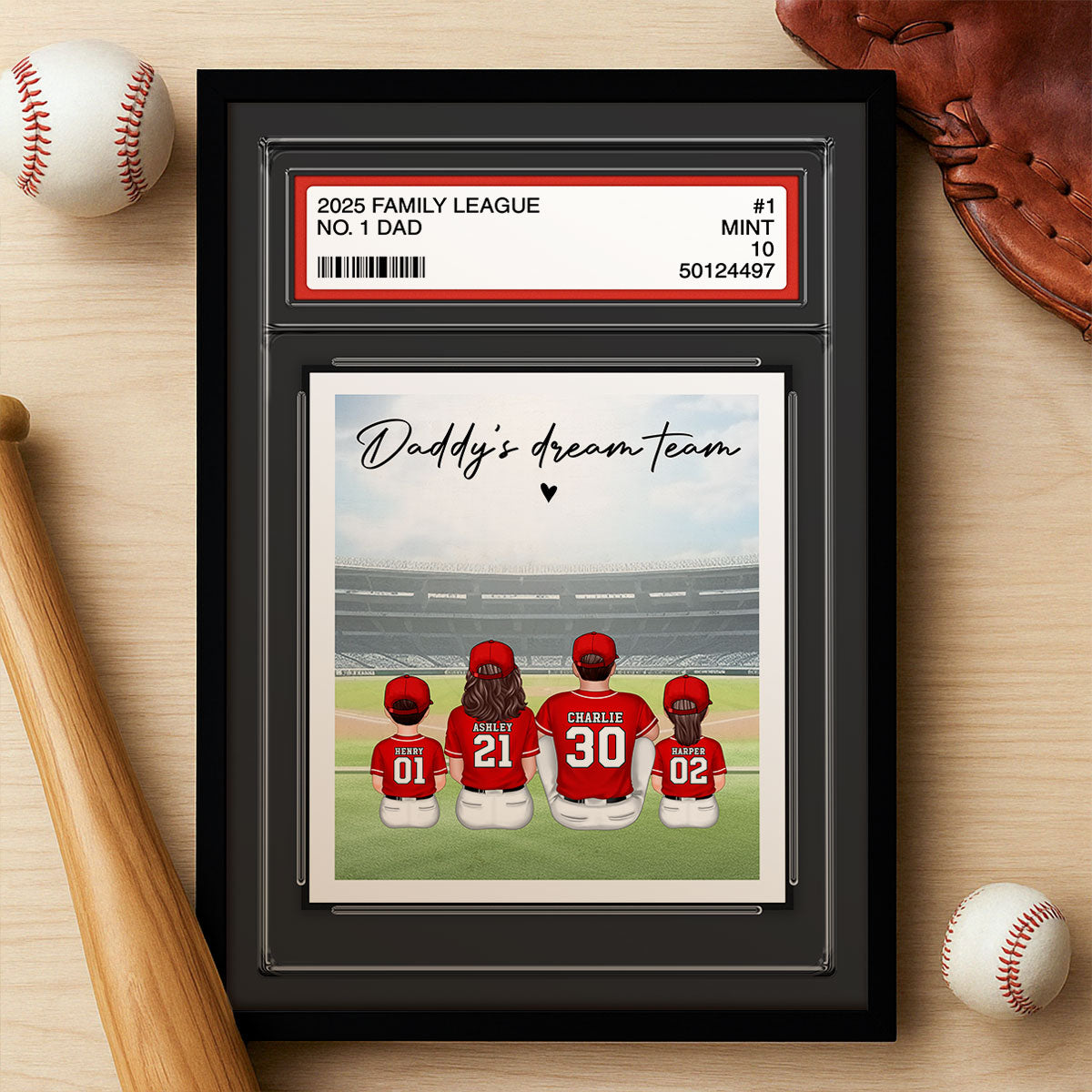 Baseball No. 1 Dad Man & Kids Sitting Trading Card Style Personalized Poster
