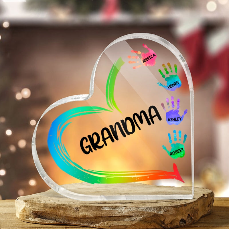 Grandma Mom Heart Hand Print Personalized Acrylic Heart Plaque